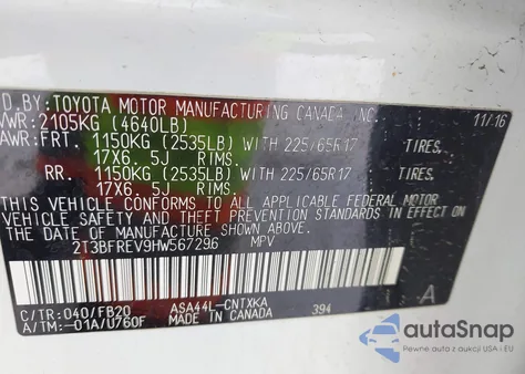 2017 Toyota Rav4 Le z USA, uszkodzony, nr VIN 2T3BFREV9HW567296